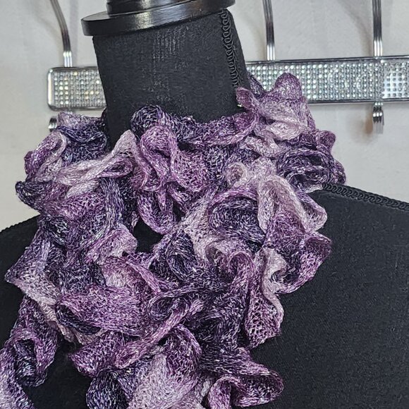 Handmade Crochet Purple and Lilac with Metallic Silver Threads Throughout Scarf - Picture 14 of 16
